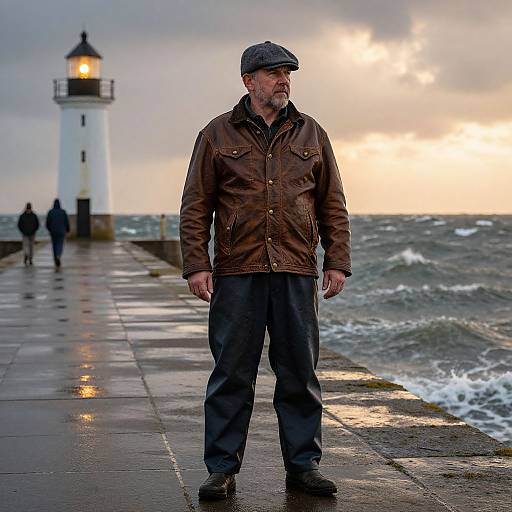Photograph of a bearded older man in brown jacket and flat cap standing on wet pier at sunset, lighthouse in background.