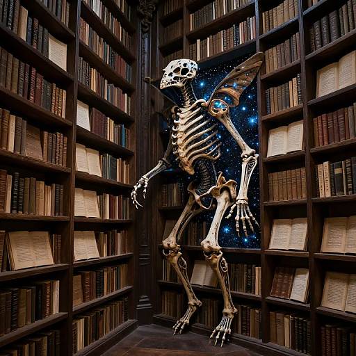 Photograph of a skeletal figure standing between two rows of dark wooden bookshelves filled with books, with a starry night sky background behind it.