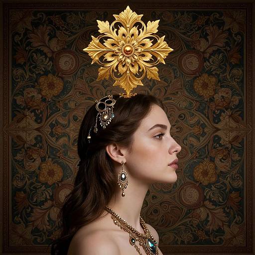 Surreal Portrait with Golden Floral Emblem
