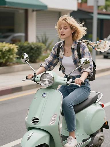 Young Woman Riding Vintage Mint Green Scooter