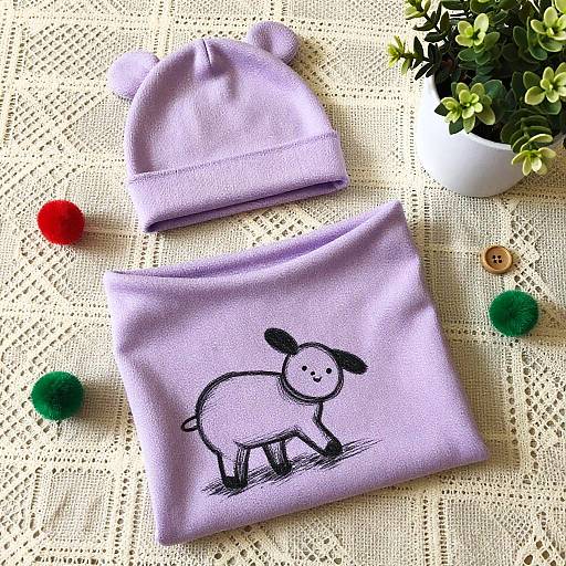 Photograph of lavender baby set with pom-pom hat and woolen cow embroidered pocket, on lace tablecloth with green and red pom-poms.