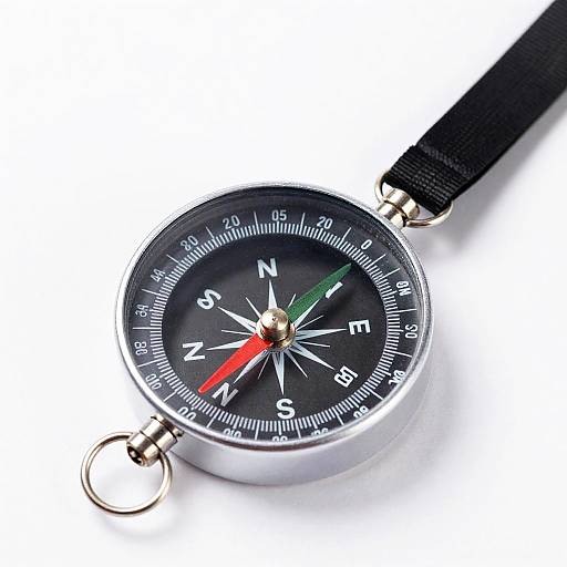 Photograph of a metallic compass with a black dial, white markings, red needle, green needle, and black strap, against a white background.
