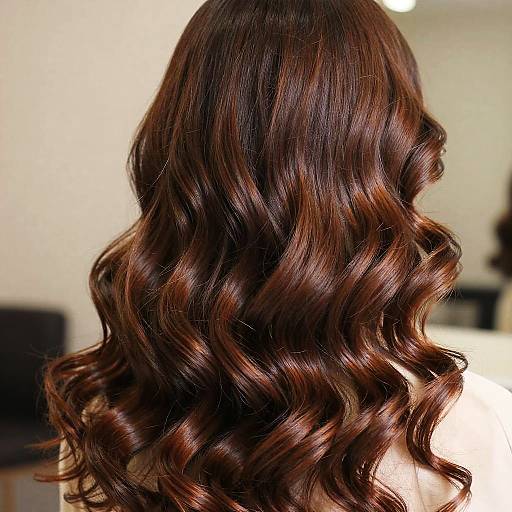 Photograph of a woman's back with long, glossy, wavy brown hair with subtle auburn highlights, set against a softly blurred, neutral