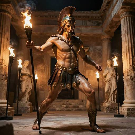 Photorealistic CGI of a muscular, ancient Greek warrior in a dark temple, holding a torch, wearing a helmet and leather skirt, surrounded by lit