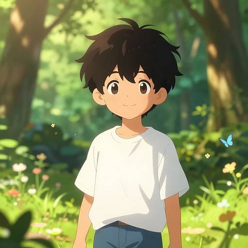 Anime-style digital drawing of a cute young boy with black hair, wearing a white shirt and blue pants, standing in a sunlit, colorful forest with