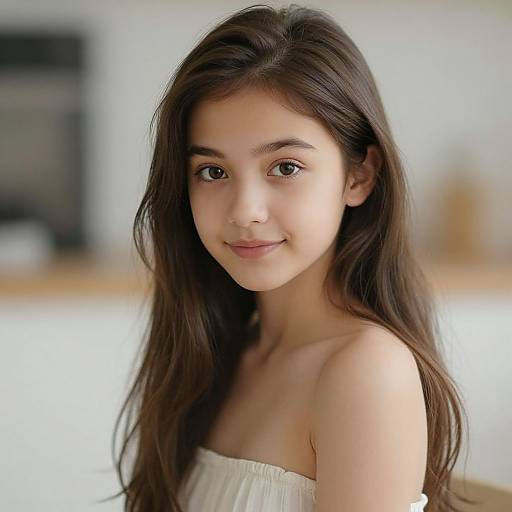 Photograph of a young Asian woman with long, straight brown hair, fair skin, and brown eyes, wearing a white strapless top, smiling softly