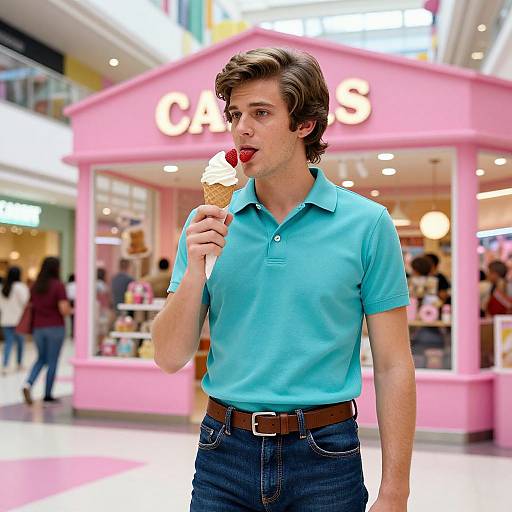 Photograph of a young man with brown hair, wearing a turquoise polo and blue jeans, licking a strawberry ice cream cone in a brightly lit, pink