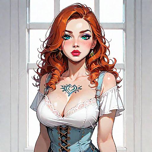 Redhead Woman in Denim Corset with Tattoo