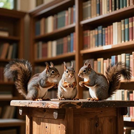 Photograph of three gray squirrels with bushy tails, standing on a wooden table in a sunlit library, surrounded by bookshelves.
