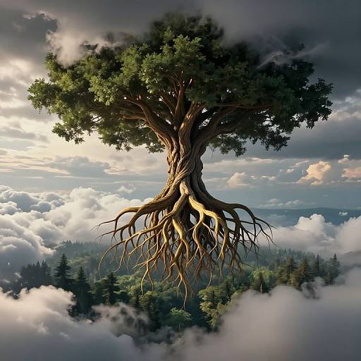 Photorealistic digital artwork of a majestic tree with sprawling roots emerging from a dense forest, floating above a cloudy mountain landscape.