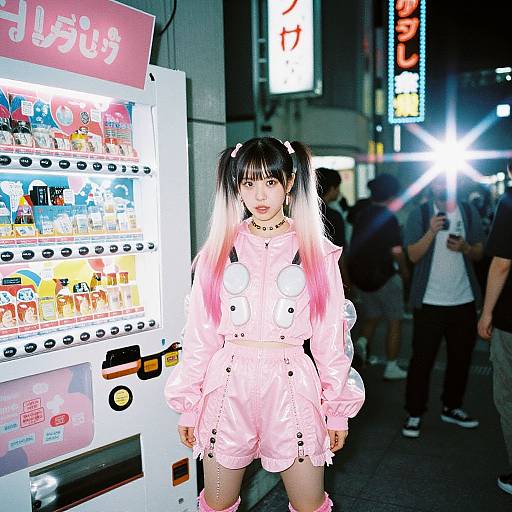 Photograph of a young Asian woman with long pink and black twin-tails, wearing a pink, ruffled, long-sleeve romper with