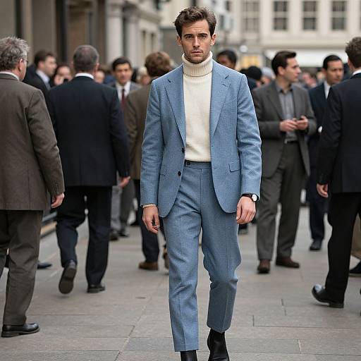 Photograph of a handsome man with short brown hair, light blue suit, white turtleneck, walking confidently in a busy city street. Background: