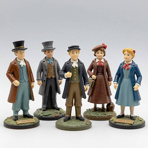 Photograph of five detailed, Victorian-style figurines with different outfits, standing on circular bases, against a plain white background.