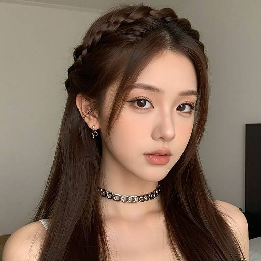 Photograph of an East Asian young woman with long, dark braided hair, wearing a black choker and silver earrings, looking directly at the camera