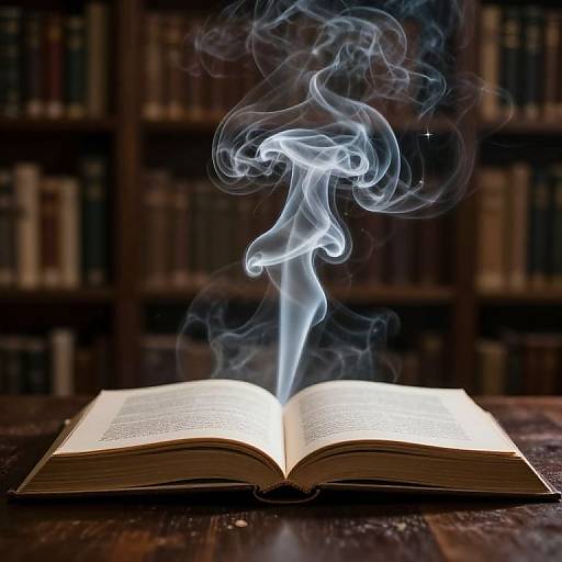 Photograph of an open book with blue, swirling smoke rising from its pages, set against a blurred bookshelf background.