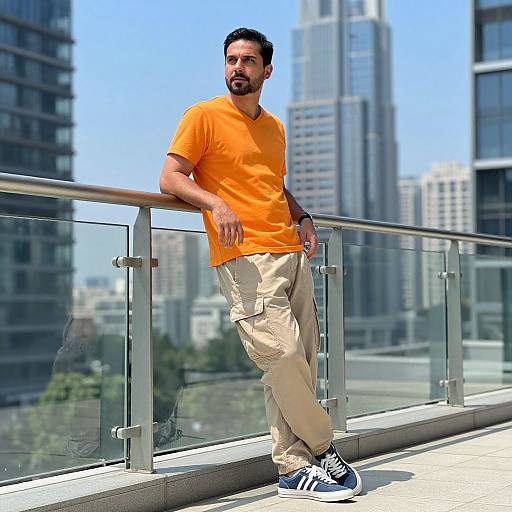 Photograph of a bearded man with short dark hair, wearing an orange t-shirt, beige pants, and black sneakers, leaning on a glass railing
