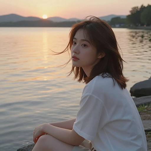 Photograph of an Asian woman with shoulder-length brown hair, wearing a white shirt, sitting by a serene lake at sunset.