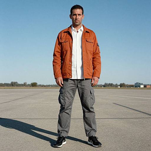 Photograph of a tall, dark-haired man in an orange jacket, white shirt, gray cargo pants, and black sneakers, standing on an empty concrete