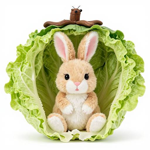 Photorealistic CGI of a cute, fluffy beige bunny with pink ears and nose, sitting inside a green, ruffled lettuce shell with a small wooden