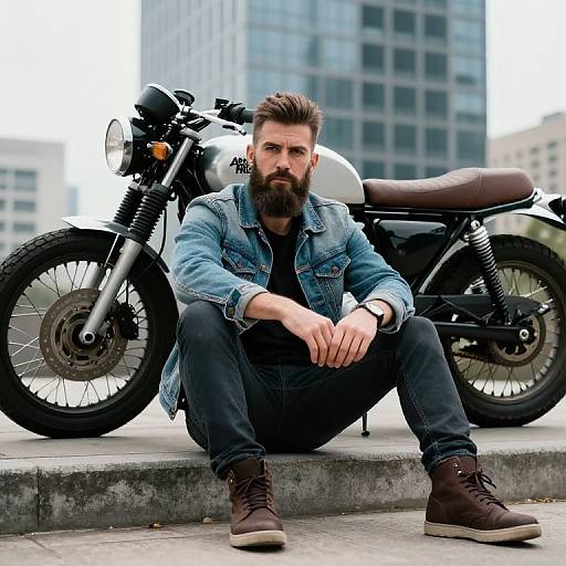 Photograph of a bearded man with a styled brown beard, wearing a denim jacket and brown boots, sitting in front of a white vintage motorcycle in