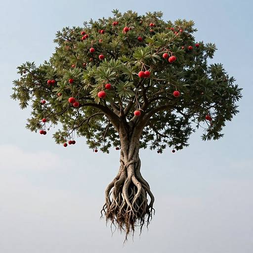 Photograph of a majestic, floating pomegranate tree with vibrant red fruits, dense green leaves, and exposed, intricate roots against a clear blue