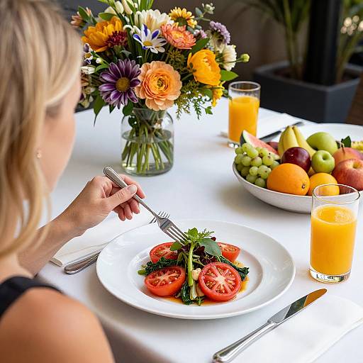 Photograph of a blonde woman in a black top, dining on a white plate with tomato salad, beside vibrant flowers, fruit, and orange juice.