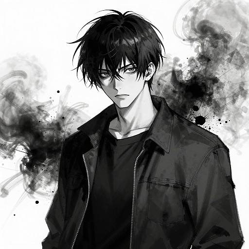Black-and-white anime-style drawing of a serious young man with messy black hair, wearing a dark jacket over a black shirt, with smoky black ink
