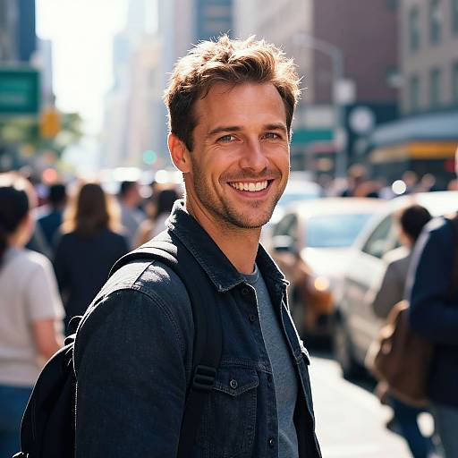 Photograph of a smiling, brown-haired, bearded man in a denim jacket standing in a sunlit, bustling urban street with blurred pedestrians and cars