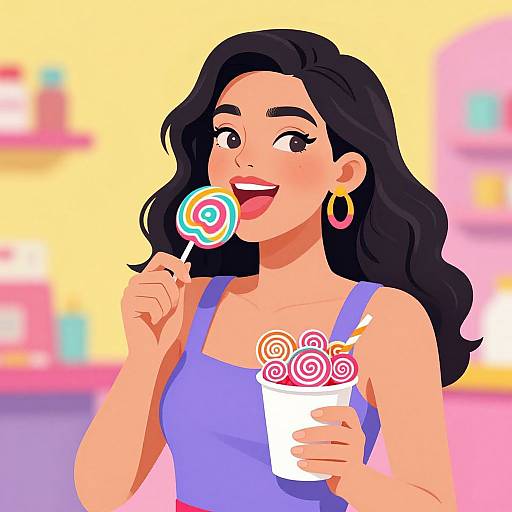 Digital illustration of a smiling woman with long black hair, wearing a blue tank top, gold hoop earrings, licking a colorful lollipop, holding a white