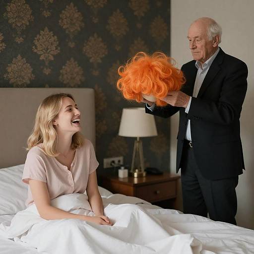 Photograph of an elderly man with white hair in a black suit, handing a woman with blonde hair a bright orange wig, sitting on a bed with