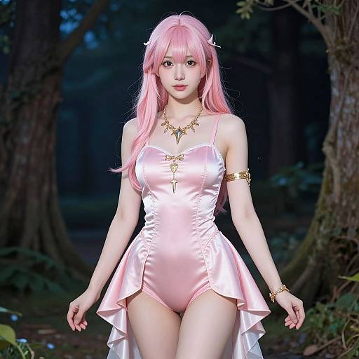 Digital artwork of an anime-style woman with pink hair, wearing a shiny pink satin dress, gold accessories, and standing in a dark forest.