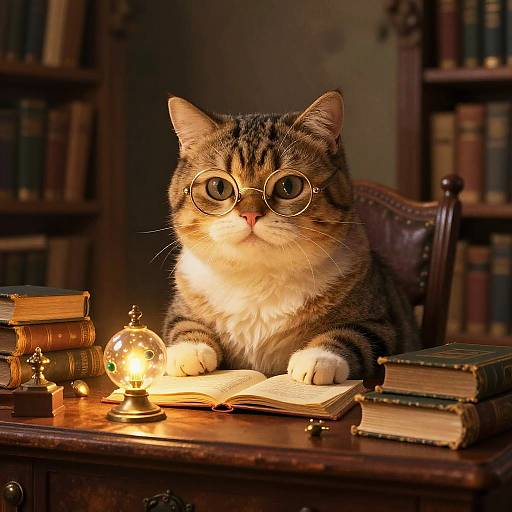 Photograph of a tabby cat with glasses, paws on a book, surrounded by old books, a lit lamp, and a globe, in
