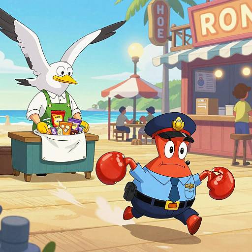 Cartoon seafront scene: red crab in police uniform runs past white seagull in green apron, serving drinks at 
