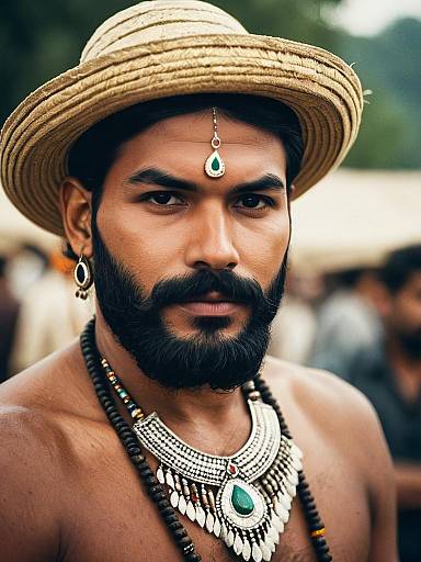 Indian Man Wearing Traditional Jewelry and Straw Hat