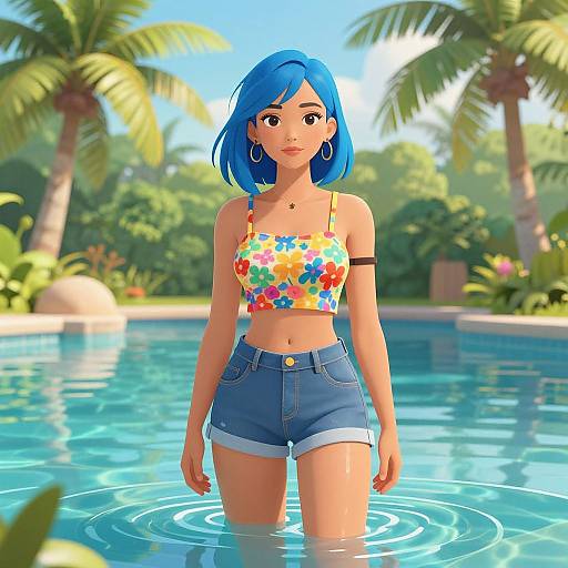 CGI image of a blue-haired woman with fair skin, wearing a colorful floral crop top and denim shorts, standing in a sunny pool with palm trees