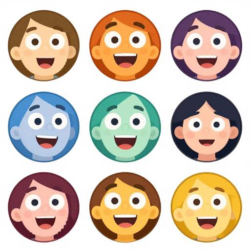 Cartoon illustration of nine smiling faces with diverse skin tones and hair colors, arranged in a 3x3 grid, each with large, expressive eyes