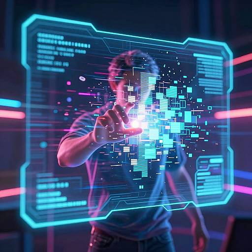 Photograph of a man in a blue shirt, pointing at a glowing, neon-blue, digital interface overlay with binary code in a dark, futuristic room