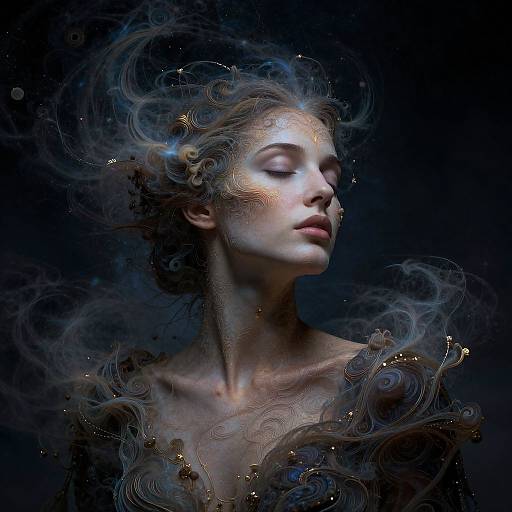 Photorealistic digital portrait of a fair-skinned woman with closed eyes, ethereal golden swirls in her wavy blonde hair, against a dark