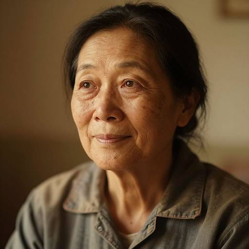 Photograph of an elderly Asian woman with wrinkled skin, dark hair, brown eyes, wearing a brown button-up shirt, smiling softly in warm,