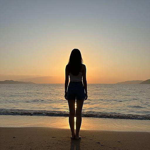 Silhouetted woman with long hair, wearing a dark skirt and top, stands on a beach at sunset, facing the ocean.