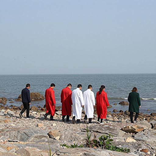 Group Walking on Rocky Beach by Ocean