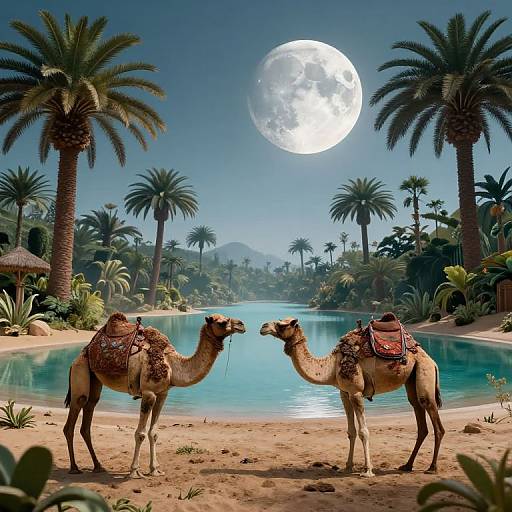 Surreal Moonlit Oasis with Camels