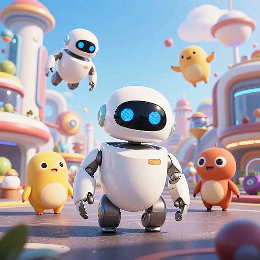 CGI cartoon image of a white robot with blue eyes walking on a colorful, futuristic street with flying yellow and orange birds. Background features whimsical buildings