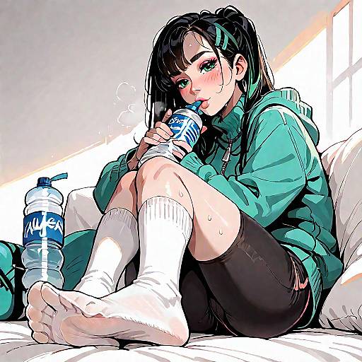Sweaty Anime Woman Sitting with Feet Focus