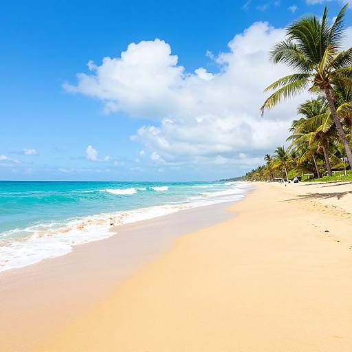 Photograph of a vibrant beach with clear blue sky, white fluffy clouds, turquoise ocean, and golden sand lined with tall palm trees.