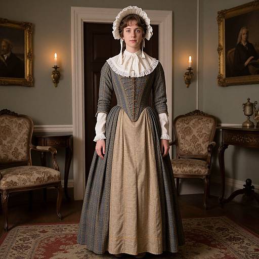 Photograph of a young woman in an 18th-century-style, dark blue and beige dress with white lace, standing in a Victorian-style room with