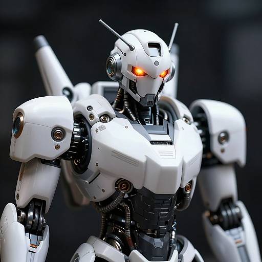 Photorealistic CGI of a white, humanoid robot with glowing orange eyes, intricate metallic joints, and sleek armor, set against a dark, blurred background