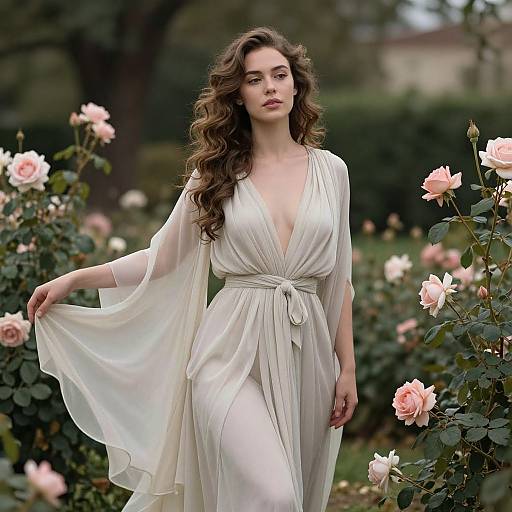 Photograph of a beautiful young woman with long, wavy brown hair wearing a flowing, white, V-neck dress, standing in a garden with pink
