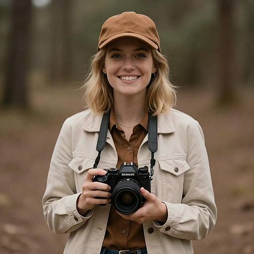 Smiling Woman with Camera in Nature