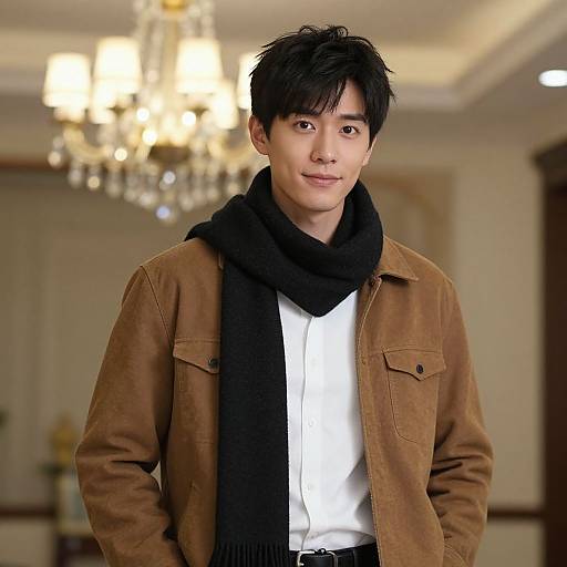 Photograph of a young Asian man with black hair, wearing a brown suede jacket, white shirt, and black scarf, standing in a warmly lit,